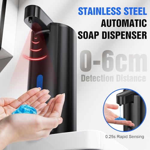 Fantictas Automatic Soap Dispenser Touchless, Stainless Steel 11.5 oz Liquid Hand Soap Dispenser, USB-C Rechargeable Sensor Pump with 3 Adjustable Levels for Kitchen & Bathroom - color: Black, style: Gel
