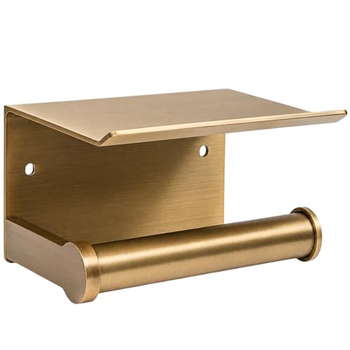 Toilet Paper Holders with Shelf Antique Bronze, Bathroom Wall Mount Tissue Dispenser with Cell Phone Storage Soap Organizer Vintage Farmhouse for Paper Roll with Max Length 4.8INCH (Brass Color)