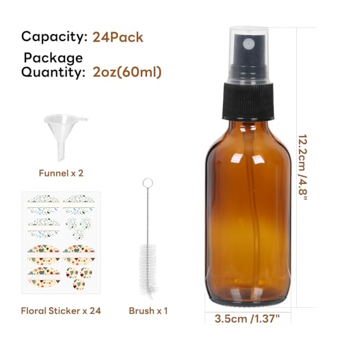 STARSIDE 24-Pack 2oz Amber Glass Spray Bottles with Fine Mist Sprayer | 60ml Glass Travel Bottles for Essential Oils, Cleaning Solutions, Perfumes & Liquids, Sample; Includes Funnels, Labels, Brush - size: M