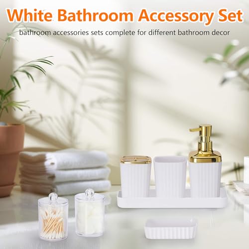 Bathroom Accessory Set,9 Pieces White Bathroom Sets Complete with Toothbrush Holder, Trash Can, Lotion Soap Dispenser, Toothbrush Cup, Vanity Tray, Soap Dish, Toilet Brush, Qtip Holder for New Home - color: White