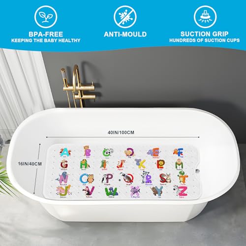 XIYUNTE Baby Bath Mat for Tub Non Slip Kids Bath Mat - 40''x16'' Extra Long Cartoon Bathtub Mat Non Slip Kids Shower Mat Eco-Friendly Toddler Bath Mats with Suction Cups, Machine Washable - color: H-white Alphabet