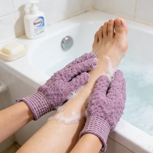 Exfoliating Bath Gloves 2 Pairs - Heavy Texture Body Scrub Gloves for Shower, Spa, Massage and Body Scrubs, Dead Skin Remover, Washing Gloves with Hanging Loop(Dark Purple) - color: Purple1