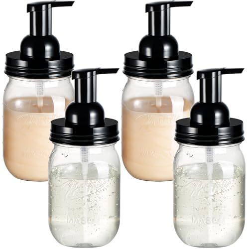 Amolliar Plastic Mason Jar Foaming Soap Dispenser with Pump Lid,16OZ Refillable Hand Soap Dispenser Set with Cute Lables - Farmhouse Decor for Kitchen/Bathroom, Lotion Liquid Dish Soap (4 Pack, Black) - color: Clear Jar With Black Pump, size: 4 Pack