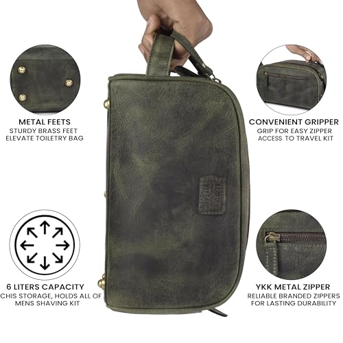 LEATHER VILLAGE Genuine Leather Toiletry Travel Pouch With Waterproof Lining - Olive | King-Size Handcrafted Vintage Dopp Kit Bag, Shaving & Bathroom Organizer, Gift for Men & Women - color: Olive