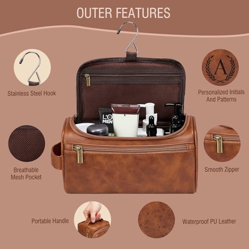 Travel Toiletry Bag Hanging For Mens PU Leather - Yellow Brown (Initial B) | Waterproof Dopp Kit Bag Beach Travel Essentials Bathroom Organizer, Personalized Gifts For Father Husband Groomsmen Birthday - color: Yellow Brown, style: B