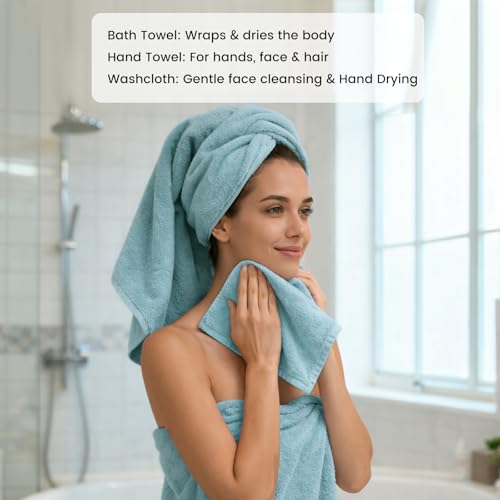 SEMAXE 8-Piece Cotton Bath Towel Set with Hanging Loops for Bathroom, Blue | Complete starter set for daily showers, sink-side use, small bathrooms, and guest baths, OEKO-TEX certified, easy care - color: A04: Blue