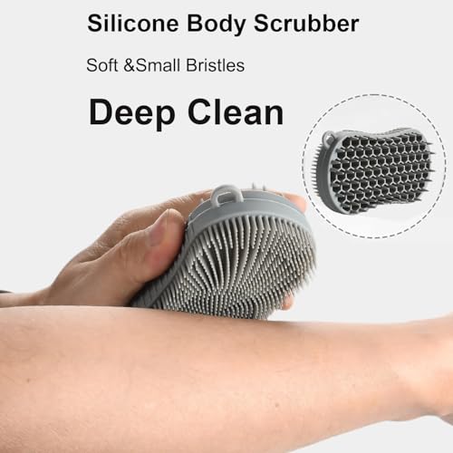 Silicone Body Scrubber, Double Sided Exfoliating Brush with Soft Flexible Bristles, Scalp Massage and Shampoo Tool with Hanger Loop(Grey) - color: Grey