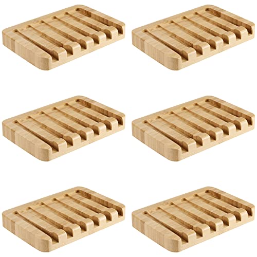6 Pack Bamboo Soap Dishes, Self Draining Soap Tray with Slanted Waterfall Design, Bar Soap Holder for Shower, Bathroom, Kitchen, Sinks and Countertop, 5.1 x 3.5 x 0.7 Inch