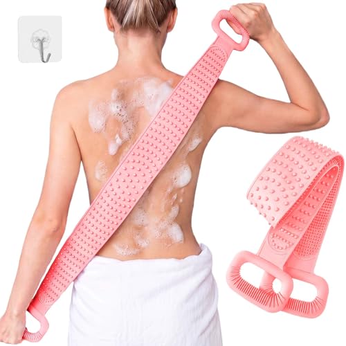 Manmihealth Silicone Back Scrubber for Shower, 36'' Extendable Back Washer with Long Strap Handle, Dual-Sided Silicone Body Brush for Men and Women (Pink) - color: Pink