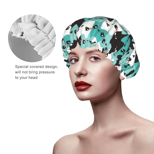 Cat Pattern Shower Cap For Women Reusable Waterproof Double Layers Bath Cap Hair Protection Elastic Ladies Spa Salon Shower Hat - color: Cat Pattern