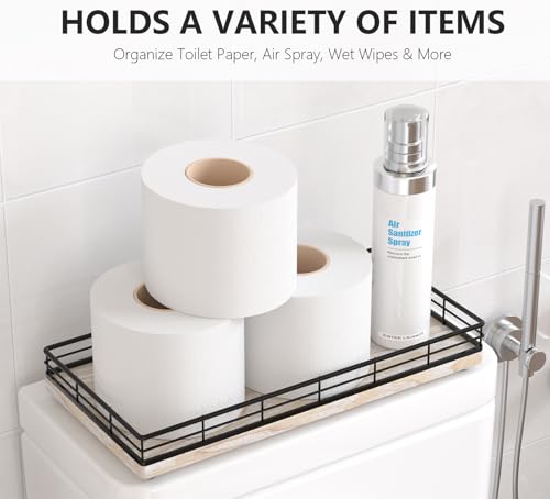 Toilet Paper Basket Organizer, Ash Wood Toilet Tank Tray with Metal Frame | Bathroom Counter Top Storage for Toilet Paper, Wipes & Decor, Modern Narrow Back of Tank Shelf Organizer, Black & Whitewashed - color: Black & Whitewashed, size: 13" x 6.5" x 2"