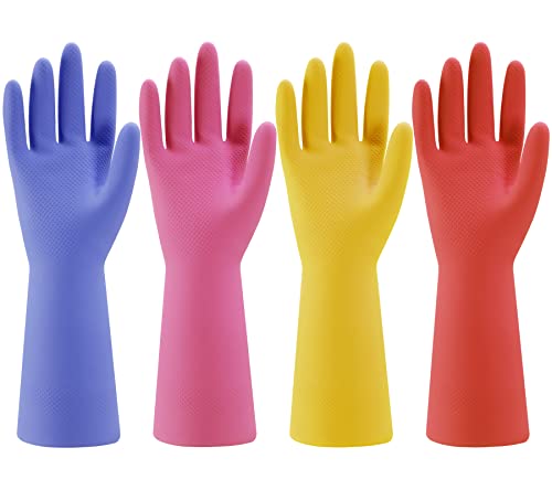 Bamllum Rubber Kitchen Dishwashing Gloves - 4 Pairs Colorful Reusable Household Cleaning Gloves for Washing Dishes and Cleaning Tasks, Flexible Long-lasting and Non-Slip (Large, Blue+Pink+Yellow+Red) - size: Large