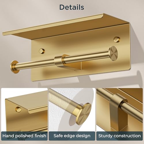 FORIOUS Double Toilet Paper Holder with Shelf, Wall Mount Tissue Roll Holder for Bathroom, 304 Stainless Steel Commercial Toilet Tissue Dispensers with Phone Shelf (1, Brushed Gold) - color: Brushed Gold