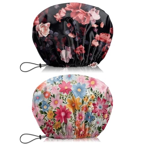 2 PCS Shower Cap Waterproof Double Layer Elastic Adjustable Reusable Hair Bath Caps for Girls Women Cute Aesthetic-Floral 1 - color: G11-Floral 1