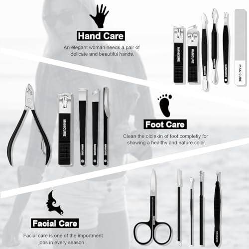 Manicure Set Professional Nail Clippers Pedicure Kit, 16 pcs Stainless Steel Nail Care Tools Grooming Kit with Luxurious Travel Leather Case for Thick Nails Men Women Gift (Black) - color: Black