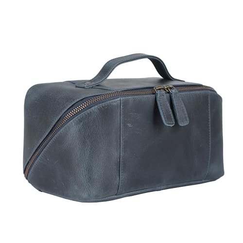 KomalC Luxury Leather Men’s Toiletry Travel Bag – Handmade Shaving Kit with Waterproof Interior, Spacious Storage & Carry Handle – leather travel Kit Bag for Men & Women (Blue) - color: Blue