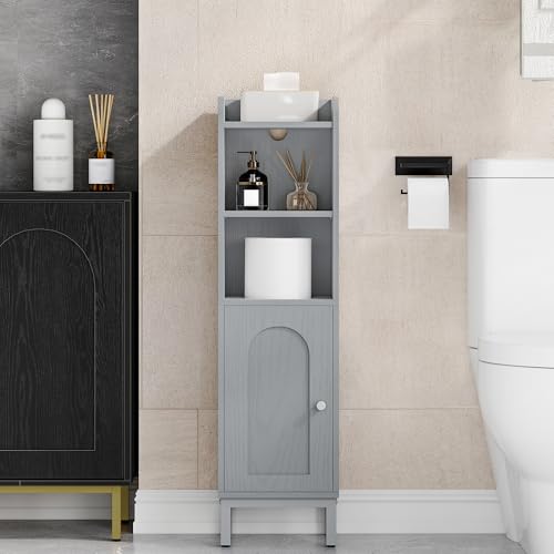 Hzuaneri Bathroom Storage Cabinet, Small Corner Floor Cabinet with Door and Shelves, Narrow Toilet Paper Holder, Bathroom Organizer with Adjustable Shelf, for Small Spaces, Gray BC38221GR - color: Grey, size: 7.9"D x 9.8"W x 35.4"H