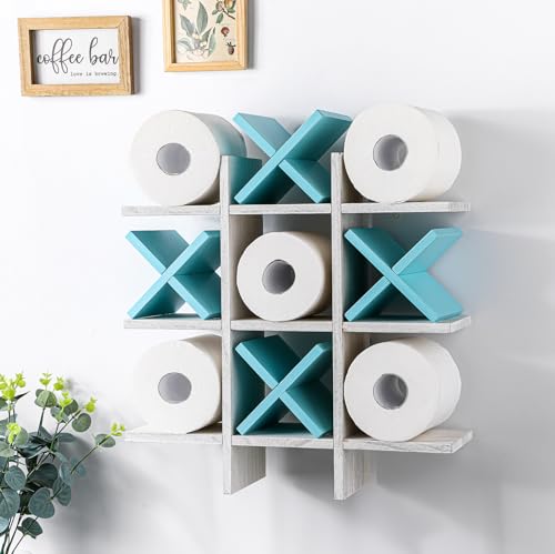 Weysat Tic Tac Toe Toilet Paper Holder Stand Bathroom Wall Decor Rustic Wooden Hanging Storage Freestanding Wall Mounted Shelves Decor for Toilet Tissue Farmhouse - color: White, Light Blue