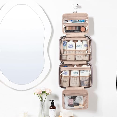 NISHEL Travel Toiletry Bag for women, Portable Hanging Organizer for Full-Sized Shampoo, Conditioner, Brushes Set, Makeup Accessories, Large Size, Peach Pink - color: Peach Pink, size: Large