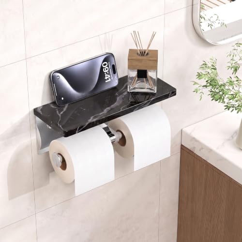 FORIOUS Double Toilet Paper Holder with Shelf, Wall Mount Tissue Roll Holder for Bathroom, 304 Stainless Steel Commercial Toilet Tissue Dispensers with Phone Shelf (1, Chrome-Marble) - color: Chrome-marble