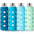Mrsdry Glass Juice Bottles with Lids and Silicone Sleeves 18 oz, 4-Pack Reusable Clear Glass Water Bottles with Stainless Steel Airtight Cap for Juicing, Refrigerator, BPA Free Leak-Proof Drinking Jar - color: Blue