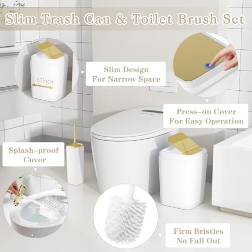 Bathroom Set - 11PC Bathroom Accessory Set, Bathroom Accessories Set, White Bathroom Set, Push-lid Trash Can, 3PC Soap Dispensers, Toilet Brush & Q-tip Holders - color: White & Gold, size: Bath Set