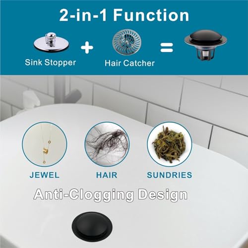 Bathroom Sink Drain Stopper,Welsan Universal Pop Up Drain Strainer with Hair Catcher for 1 1/8"-1 1/2" Drain Hole,Anti-Clogging Design Matte Black - color: Matte Black
