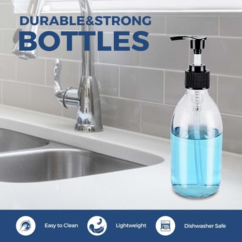 8 oz Clear Glass Pump Bottle, 250ml Small Lotion Dispenser Bottle for Body Massage Oil, Refillable Empty Hand and Dish Soap Dispensers Set with Storage Caps, Labels - 2 Pack - color: Clear