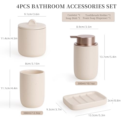 BosilunLife Apricot Bathroom Accessories Set - Ceramic Bathroom Accessories Sets Complete Foaming Soap Dispenser and Toothbrush Holder Set, Soap Dish, Qtip & Cotton Ball Holder Modern Bathroom Set - color: Smooth-apricot-foam