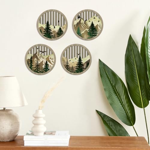 TOARTi 4Pcs Boho Mountain Wooden Wall Art Abstract Sun Moon Pine Tree Wall Decor Farmhouse Natural Mountain Landscape Artwork Minimalist Geometric Forest Hanging Sign for Living Room Bedroom Office - color: 4pcs Boho Mountain Wooden Wall Art