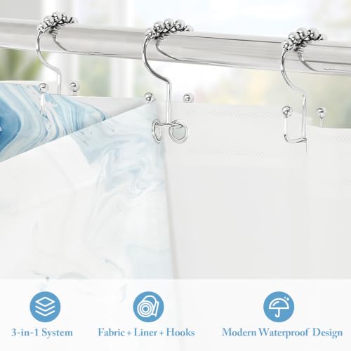 3 in 1 Blue Marble Shower Curtain Set, Modern Ripple Shower Curtain and PEVA Liner Set with 12 Stainless Steel Shower Curtain Hooks, Waterproof Fabric Shower Curtains for Bathroom, 72 W x 72 H - color: 3 in 1 - Blue, size: 72"W x 72"L (Pack of 1)