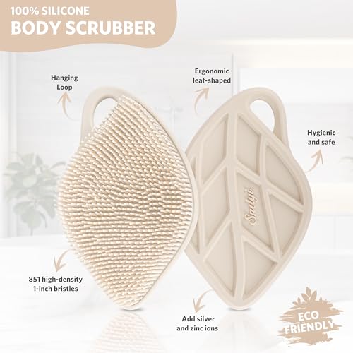 Sndyi Silicone Body Scrubber, Gentle Exfoliating Body Scrubber for Sensitive Skin, Leaf Shaped Shower Scrubber for Body with Lathering Bristles, Silicone Loofah Body Brush for Showering, Oatmeal - color: Oatmeal