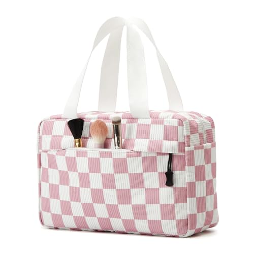 Large Makeup Bag for Women Corduroy Cosmetic bag Make up Bags Zipper Pouch with handle Cosmetic Organizer Toiletry Bag for Travel Storage - color: 22-Checkered Pink White