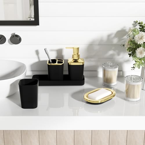 XLHOMO Bathroom Accessories Set - 25PC Bathroom Set with Shower Curtain and Rugs, Black Bathroom Set, Bathroom Accessory Set with Press-on Lid Trash Can, Soap Dispenser and Qtip Holders - color: Black & Gold, size: Plaid Complete Set + Bath Rugs