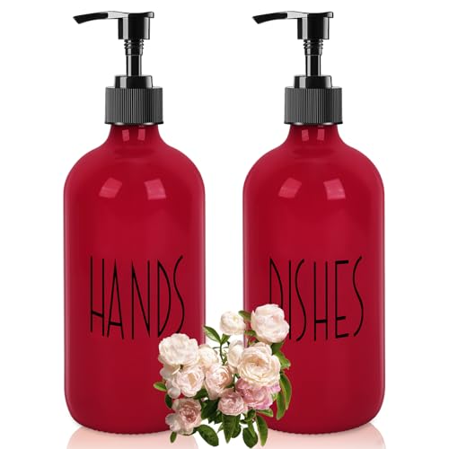 Dish Soap Dispenser for Kitchen - 16 OZ Glass Hand Soap Dispenser Set - Kitchen Bathroom Decor and Accessories (Red) - color: Red