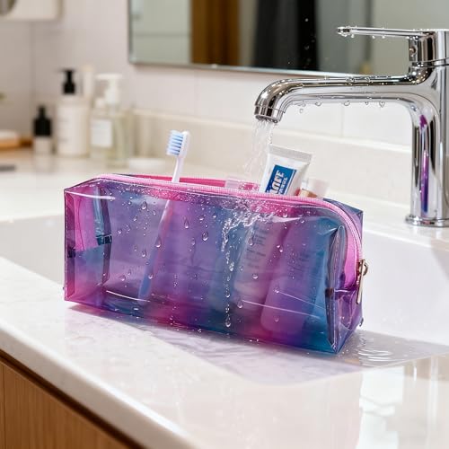 Waterproof Makeup Bag,10 x 3.5 x 2 inch Iridescent TPU Travel Toiletry Bag with Handle for Women & Men, Portable Cosmetic Pouch for Gym Swim Beach (A250030-418-2) - color: A250030-418-2