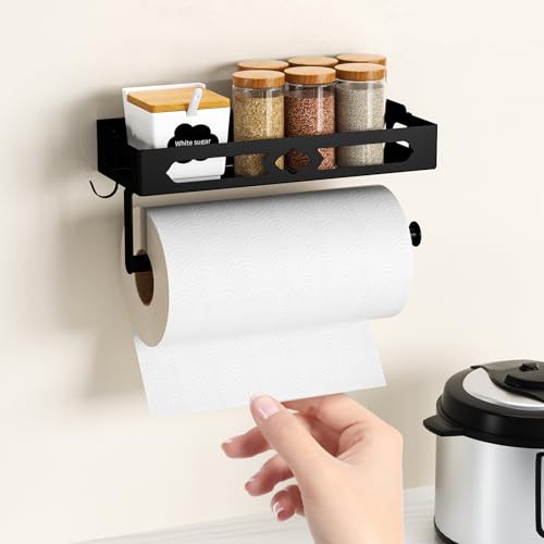 Paper Towel Holder Wall Mount for Kitchen, Easy One-handed Operation Design, Self Adhesive Paper Towel Holder with Shelf for Bathroom, RV Paper Towel Rack Paper Roll Holder with 2 Hooks, Black - color: Black