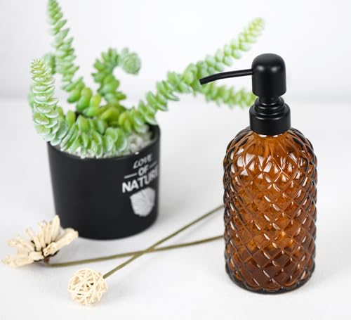 12Oz Glass Soap Dispenser with 304 Black Rustproof Stainless-Steel Pump, Refillable Glass Soap Dispenser for Kitchen, Bathroom, Farmhouse (Amber) - color: Amber