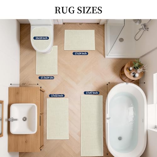 YIHOUSE Beige Bathroom Rugs Sets 5 Piece, Quick Dry Thin Bath Mat with Toilet Rug, Non Slip Absorbent Machine Washable, Bath Runner Rugs for Bathtub Sink Home Decor - color: Beige, size: 5 pieces
