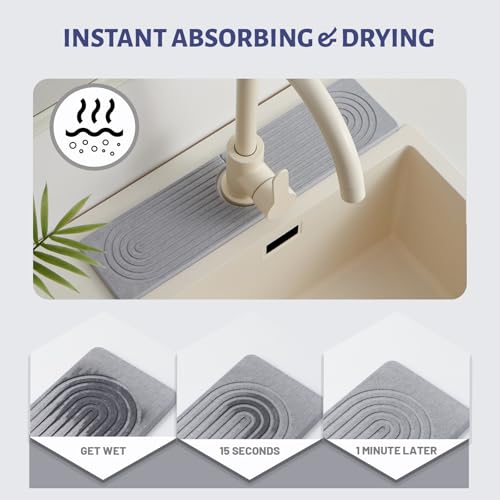 Stone Faucet Mat for Kitchen Sink, Faucet Mat Fast Drying Diatomite, Sink Splash Guard Water Absorbing Stone Tray for Sink, Counter Protector for Kitchen & Bathroom - color: Gray.15.8" x 3.9"