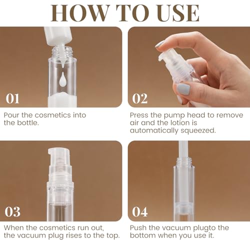 PAGOW 6pcs Clear Travel Pump Bottle, 5ml/10ml/15ml Airless Pump Bottles with Caps, Empty Refillable Cosmetic Containers Vacuum Dispenser Bottle for Lotion Makeup DIY Foundation