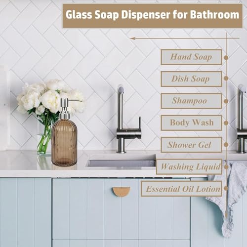 14Oz Brown Soap Dispenser Bathroom - 2 Pack, Clear Glass Hand Soap Dispensers with Stainless Steel Pump, Refillable Dish Soap Dispenser for Kitchen, Countertop Soap Dispensers - color: Brown（2-pack）