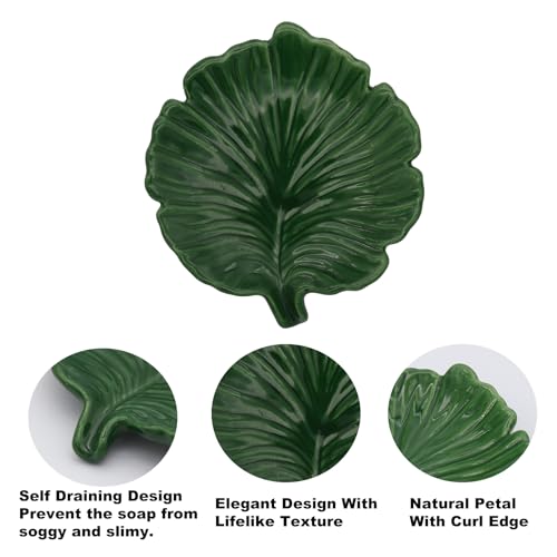 Elegant Bathroom Soap Dish,Ceramic Soap Dish Holder in Palm Leaf Style,Self-Draining Design for Bathroom - color: Green