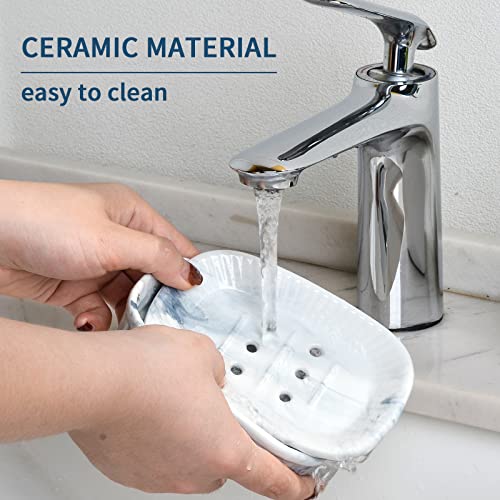 Ceramic Soap Dish, Self-draining Soap Holder, Double Layer Bar Soap Holder Marble Blue, Draining Soap Dishes for Bathroom Shower Kitchen, Easy to Clean, Keep Soap Dry, ANTIS'S HOME - color: Marble Blue