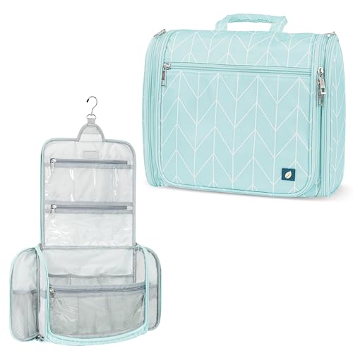 PAVILIA Large Hanging Makeup Bag and Toiletry Organizer for Women, Travel Cosmetic Case with 10 Compartments, Swivel Hook and 3 Leakproof Pockets, Packs Flat, Teal Chevron - color: Teal Chevron