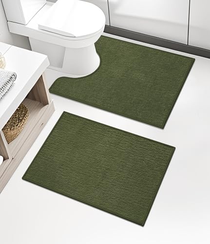 chakme Bathroom Rug Sets 2 Piece, Ultra Thin Quick Dry Bath Mat Set, Absorbent Bath Mat for Bathroom Non Slip Machine Washable, (Dark Green, 2 Piece) - color: Dark Green, size: 2Piece-Contour Rug