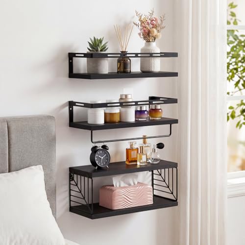 Fixwal Wall Mounted Bathroom Shelves Over Toilet, Rustic Wood Floating Shelves with Metal Frame and Towel Bar for Bathroom, Kitchen, Bedroom, Living Room (3 Plus 1 Black) - color: 5-black