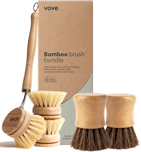 Vove Plastic-Free Dish Brush Bundle, Bamboo Dish Brush and Scrub Brush with 3 Replacement Heads, FSC-Certified Bamboo with Natural Fiber Bristles, Complete Zero-Waste Kitchen Cleaning Set - style: Brush Bundle - Scrub & Dish brush set