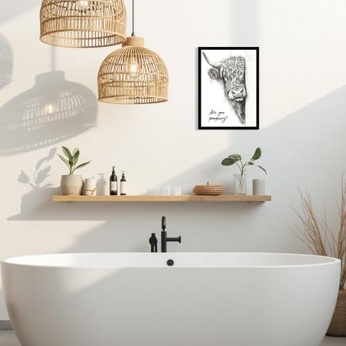 Urmoya Black and White Funny Highland Cow Bathroom Wall Art, Rustic Farmhouse Wall Decor with Humorous Are You Pooping Canvas Print, Cute Animal Art Prints Ready to Hang 12x16 Inch Wood Framed - color: Cow, size: 16"L x 12"W