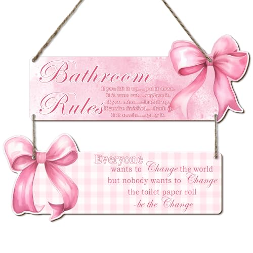 Bow Bathroom Decor, Pink Bow Decor, 2-Piece Set of Fun Bathroom Signs, Suitable for Teen Bedrooms and Teen Girls Bedrooms, Rustic Style Wooden Signs, Gifts for Daughters and Besties